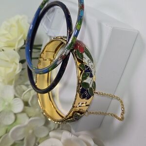 Vintage Cloisonne Enamel Floral Bangle Bracelet Set Of 3
